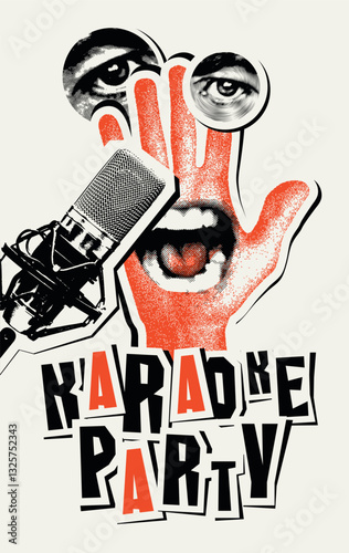 Vector A4 poster for karaoke party in vintage style with singing mouth, hand, studio microphone and calligraphy lettering. Suitable for advertising poster, music banner, flyer, invitation, ticket