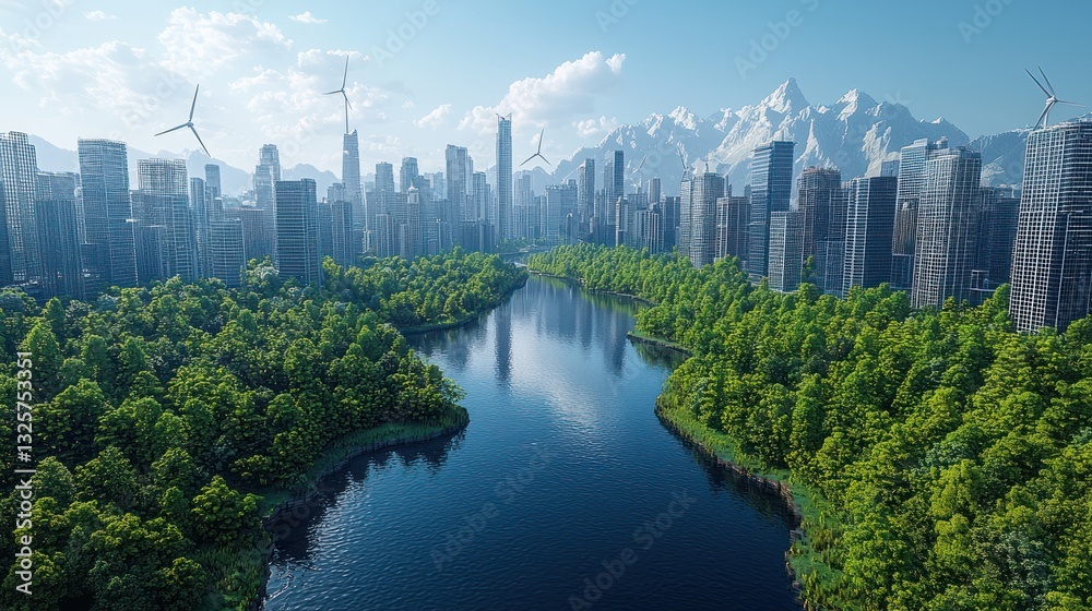 Fototapeta premium Eco-friendly city skyline with river, lush green park, and wind turbines.