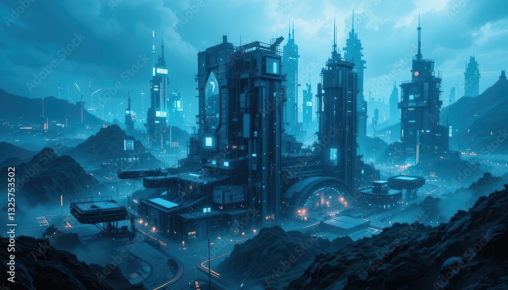 Naklejka premium Futuristic cityscape exploration cyberpunk environment digital art urban landscape aerial view innovation theme