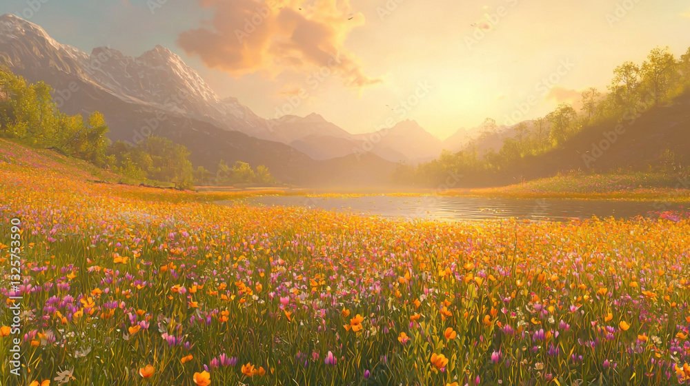 Obraz premium Serene Sunset: Breathtaking Wildflower Meadow & Mountain Lake