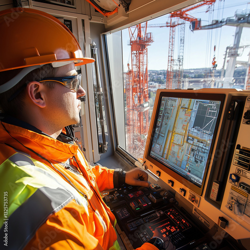 view from modern tower crane operator cabin, lcd sceen, crane operator dressed in constriction gear