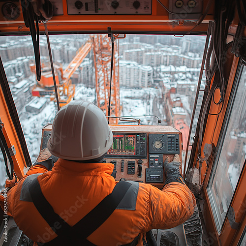 view from modern tower crane operator cabin, lcd sceen, crane operator dressed in constriction gear