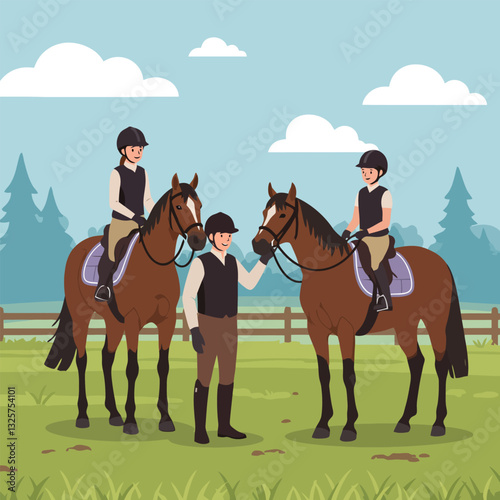 Horseback Riding Instruction with Riders and Horses in Outdoor Setting