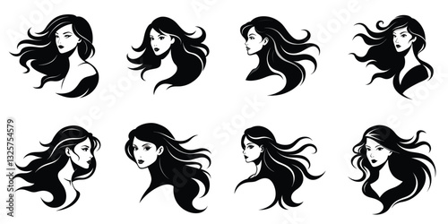 Elegant Women's Portraits with Flowing, Voluminous Hair - Beauty and Hairstyle Vector Set