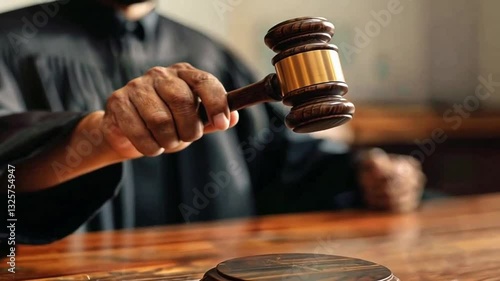 Richterhammer wird auf den Tisch geschlagen photo