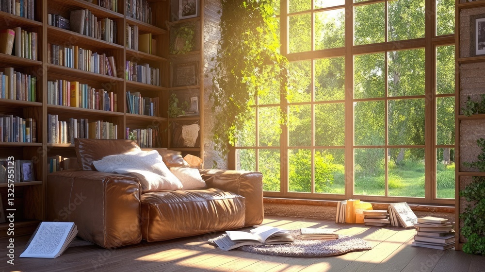 Luxurious freestanding leather armchair in a well-lit reading nook. Luxurious freestanding leather armchair in a well-lit reading nook.
