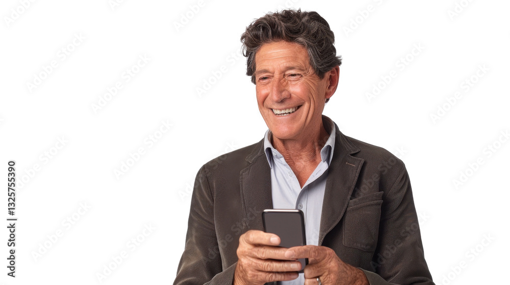 Smiling senior manager using smartphone on transparent background Smiling senior manager using smartphone on transparent background