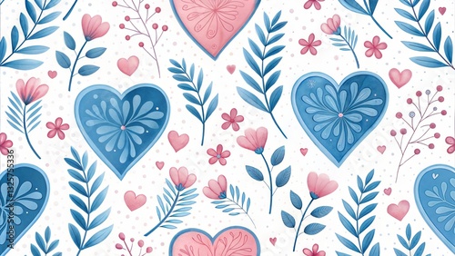 blue and pink seamless floral pattern with hearts
