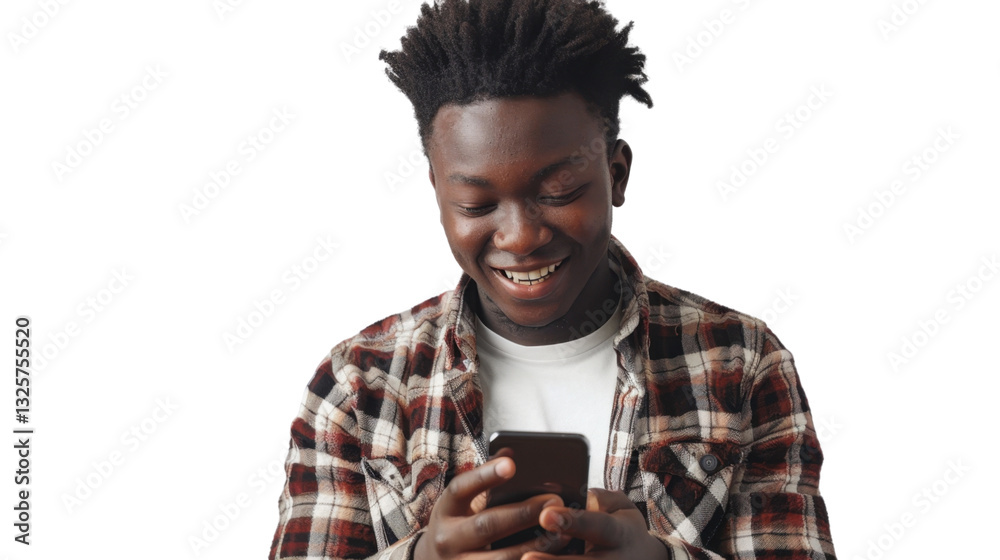 Happy student using smartphone on transparent background Happy student using smartphone on transparent background
