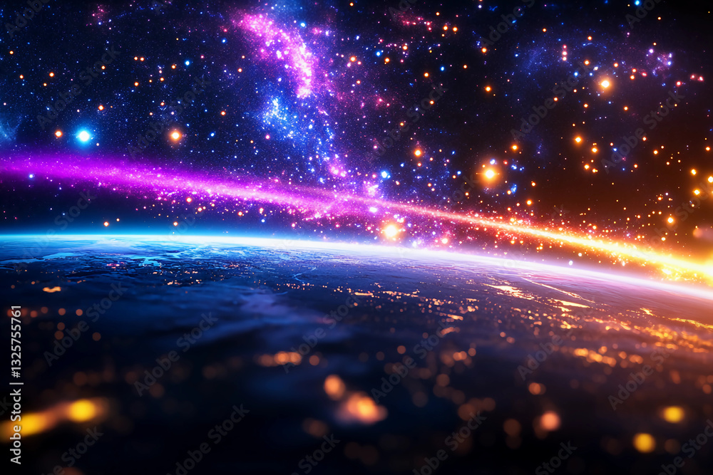Fototapeta premium Cosmic particles of light radiating gently across space, creating a mesmerizing celestial pattern in the vast, dark expanse of the universe