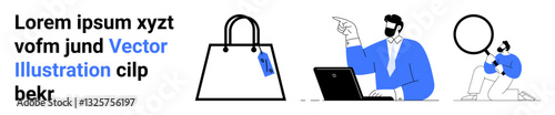 Businessman pointing at a laptop screen, large shopping bag with a tag, person examining with magnifying glass. Ideal for e-commerce, retail, online shopping, data analysis, product promotion