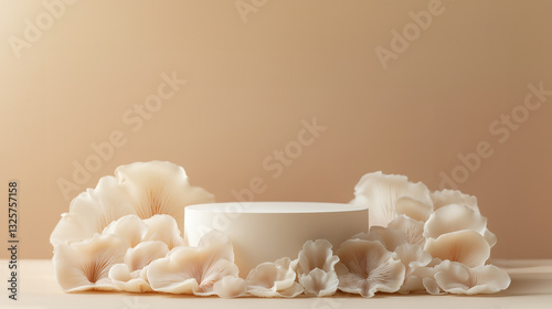 White circular podium, surrounded by a Tremella fuciformis fungus mushrooms on a soft beige background. photo