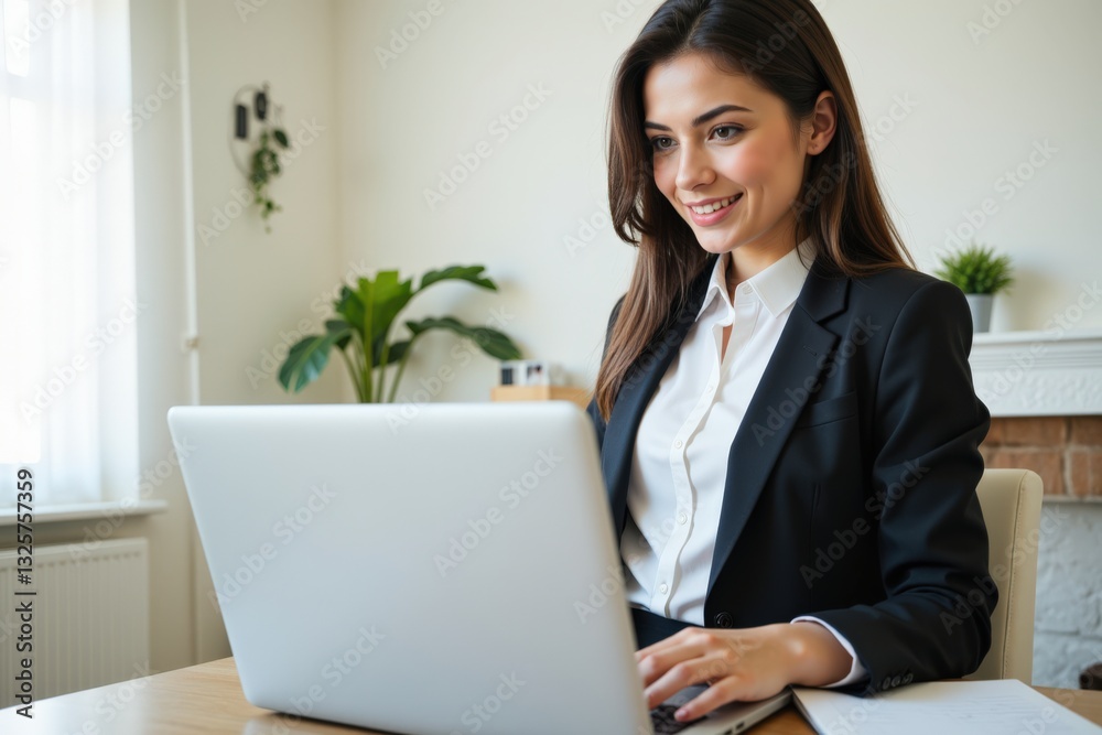 Young Hispanic Woman in Business Attire Working on Laptop in Modern Office Setting with Natural Light and Indoor Plants Young Hispanic Woman in Business Attire Working on Laptop in Modern Office Setting with Natural Light and Indoor Plants