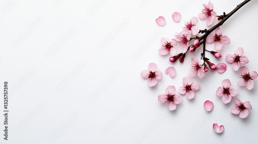 Elegant cherry blossom branch with soft pink petals scattered on a pure white background, showcasing fresh flowers and subtle shadows for a minimalist touch. Elegant cherry blossom branch with soft pink petals scattered on a pure white background, showcasing fresh flowers and subtle shadows for a minimalist touch.