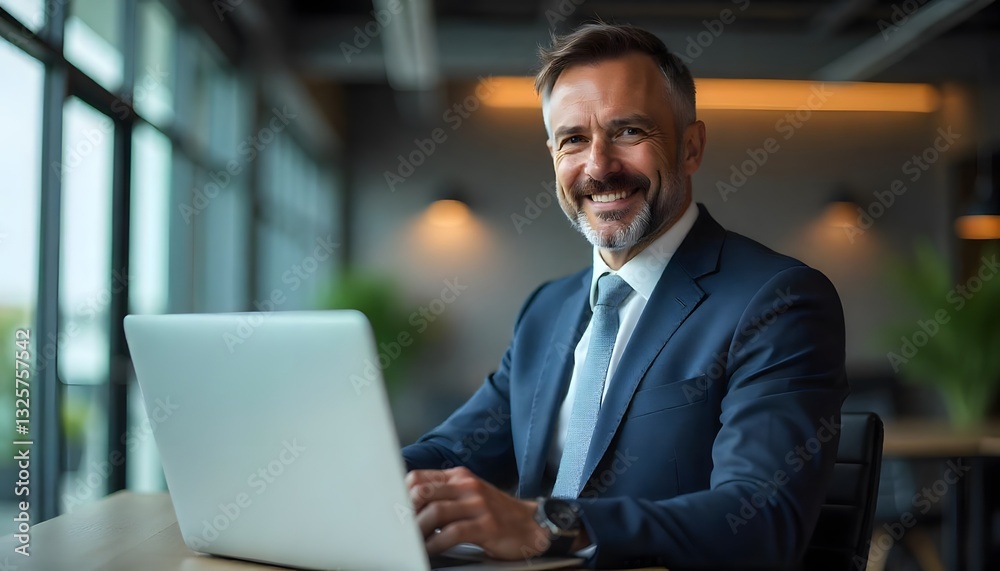 Confident Executive: A distinguished executive, radiating confidence, works on a laptop in a modern office setting, a picture of ambition and professionalism. Confident Executive: A distinguished executive, radiating confidence, works on a laptop in a modern office setting, a picture of ambition and professionalism.