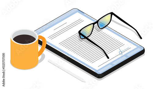 Isometric bright mug of coffee and an electronic document signed with stylus on tablet screen on workspace of home worker. Concluding of online deal. 3D vector concept isolated on white background