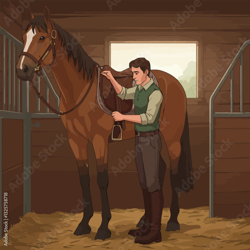 Man Preparing Horse with Saddle Inside Stable for Riding Activity