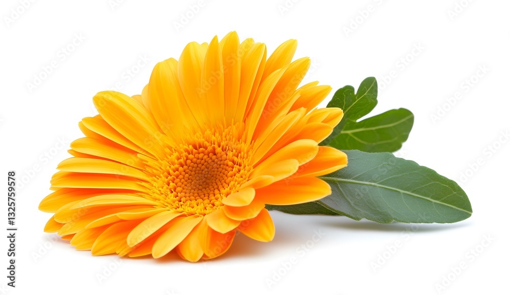 Vibrant Orange Gerbera Daisy with Green Leaves on White Vibrant Orange Gerbera Daisy with Green Leaves on White