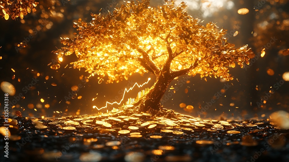 Naklejka premium A golden tree flourishing on a foundation of coins, its branches glowing as they form a financial graph rising steeply, surrounded by dynamic lighting, futuristic aesthetic, ultra-clear rendering,