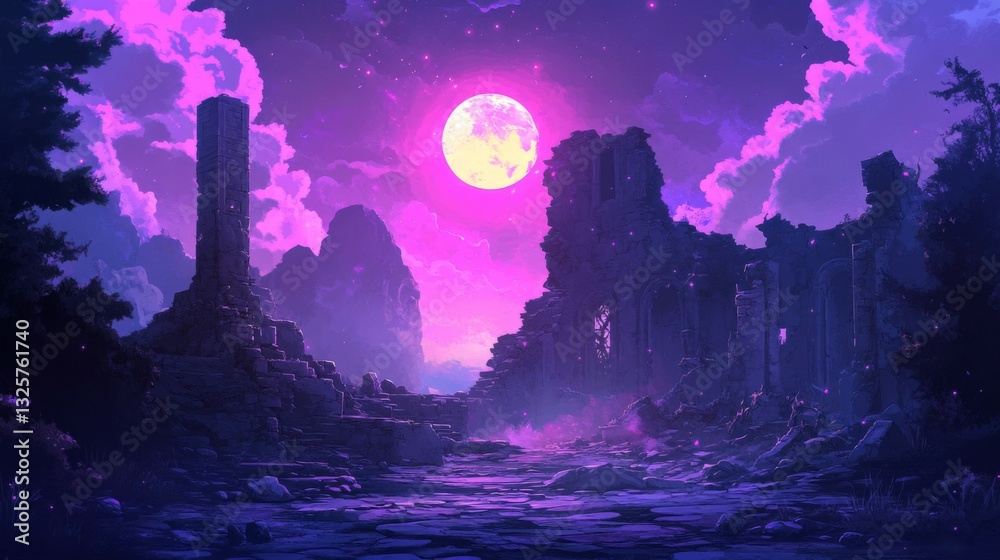 Naklejka premium Pixel Art Ruins Under a Pink Moonlit Sky