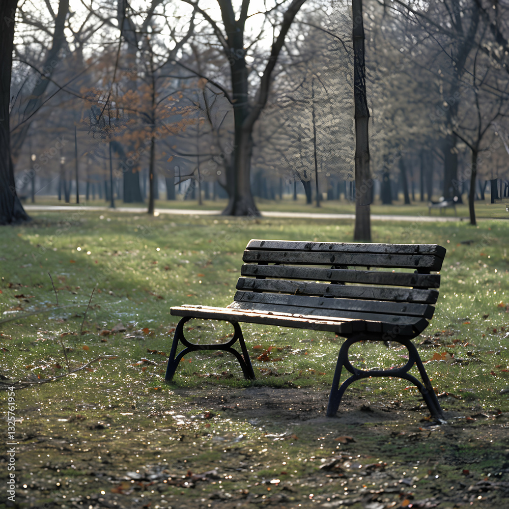 A wooden bench invites relaxation beneath a tree in the sunny park A wooden bench invites relaxation beneath a tree in the sunny park