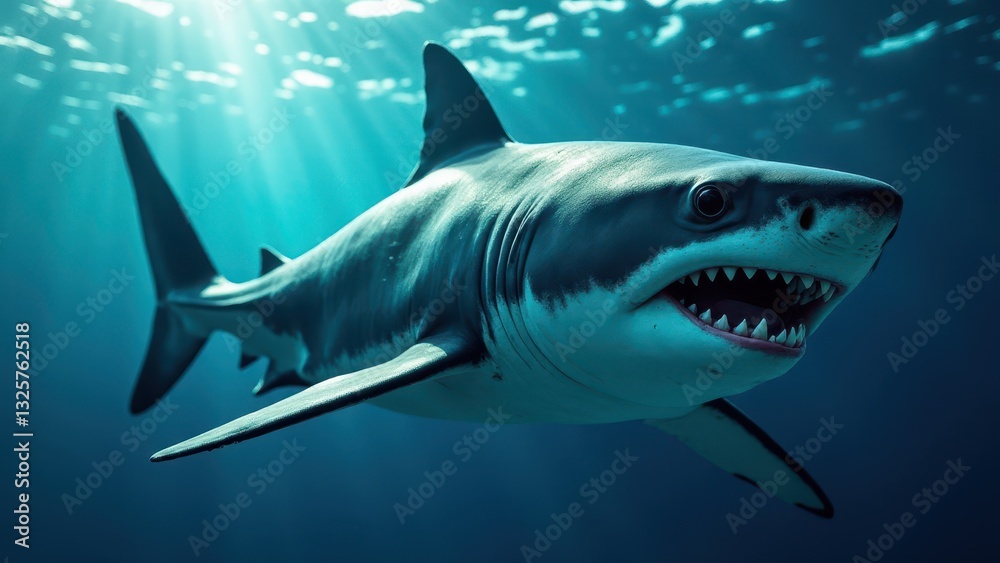 A 3D-rendered shark swims underwater, showcasing its sharp teeth and streamlined body. A 3D-rendered shark swims underwater, showcasing its sharp teeth and streamlined body.