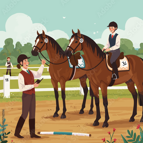 Horse Show with Riders Being Judged in a Green Field Setting