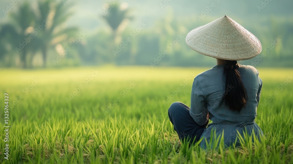 Asian woman sits in rice paddy field, contemplation, sunrise, lush landscape Asian woman sits in rice paddy field, contemplation, sunrise, lush landscape