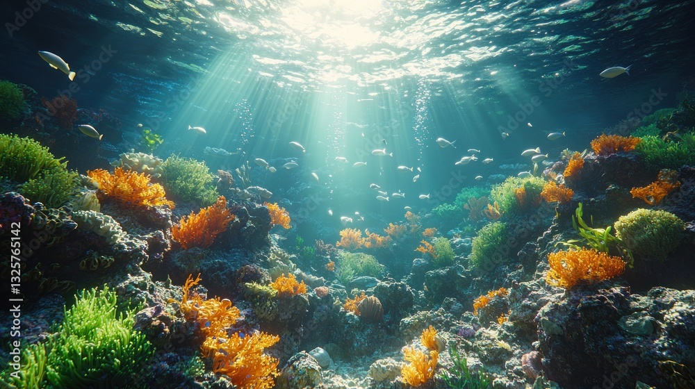 Fototapeta premium Sunbeams illuminate vibrant coral reef teeming with fish.