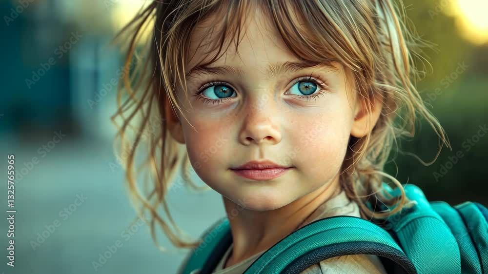 Curious child with backpack exploring outdoors during sunset