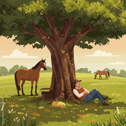 Man Resting Under a Tree with Horses in a Meadow