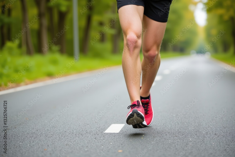 A Enthusiastic Young Male Runner Training on an Empty Forest Road Surrounded by Lush Green Trees in Early Morning Light A Enthusiastic Young Male Runner Training on an Empty Forest Road Surrounded by Lush Green Trees in Early Morning Light