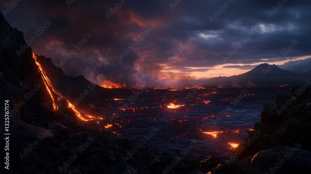 Fototapeta premium Spectacular volcanic eruption scene with lava flow at dusk, dramatic sky