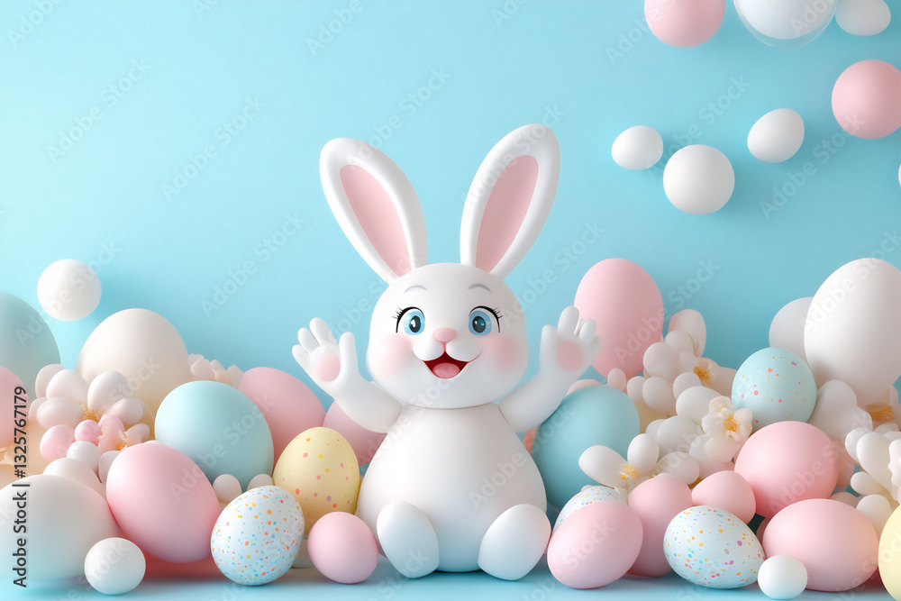 Fototapeta premium 3d easter bunny surrounded by colorful eggs,