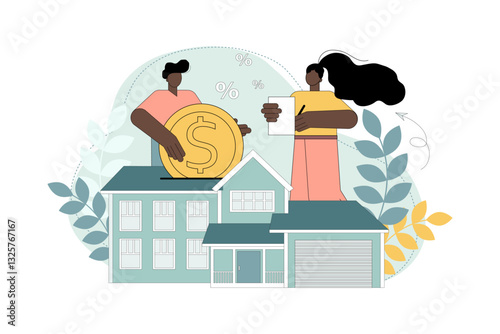 Home loan, rent and mortgage concept. A man and a woman buy a house with a mortgage and pay a loan to the bank.eps