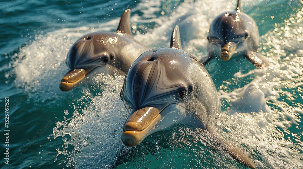 Fototapeta premium Three dolphins swimming in the ocean.