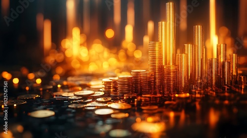 A steep logarithmic financial chart glowing in vibrant gold and silver, coins increasing in size and brilliance as they ascend the curve, surrounded by soft light effects,