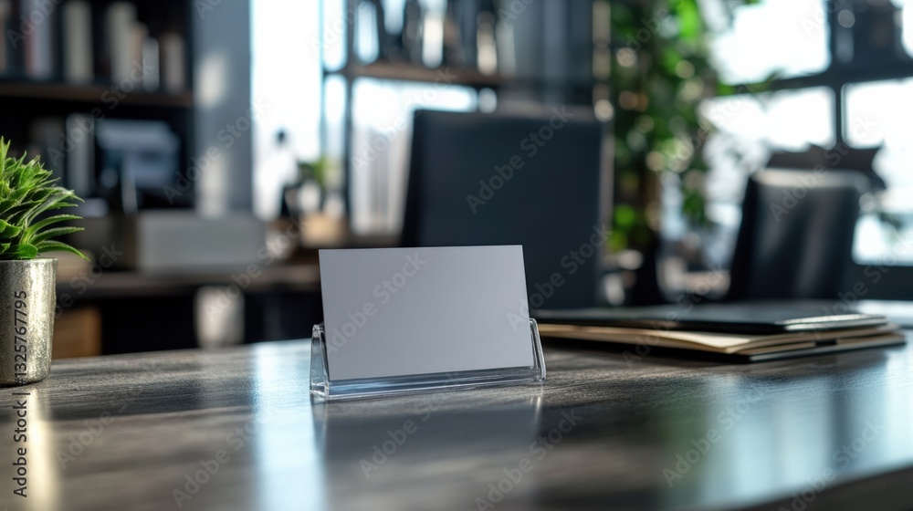 Blank id card in translucent holder on desk in modern office business environment professional view Blank id card in translucent holder on desk in modern office business environment professional view