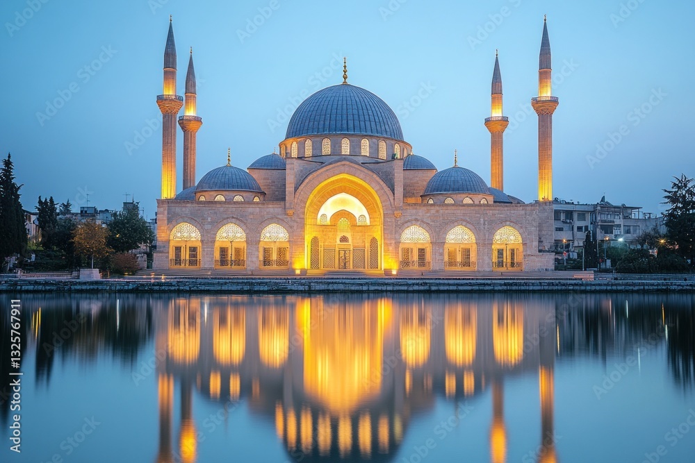 Naklejka premium Illuminated Mosque Reflecting in Calm Pond at Dawn