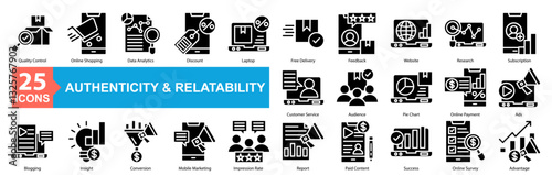 Authenticity and Relatability Icon Sheet glyph Quality Control, Online Shopping, Data Analytics, Discount, Laptop, Free Delivery, Feedback, Website, Research, Subscription, Customer Service, Audience