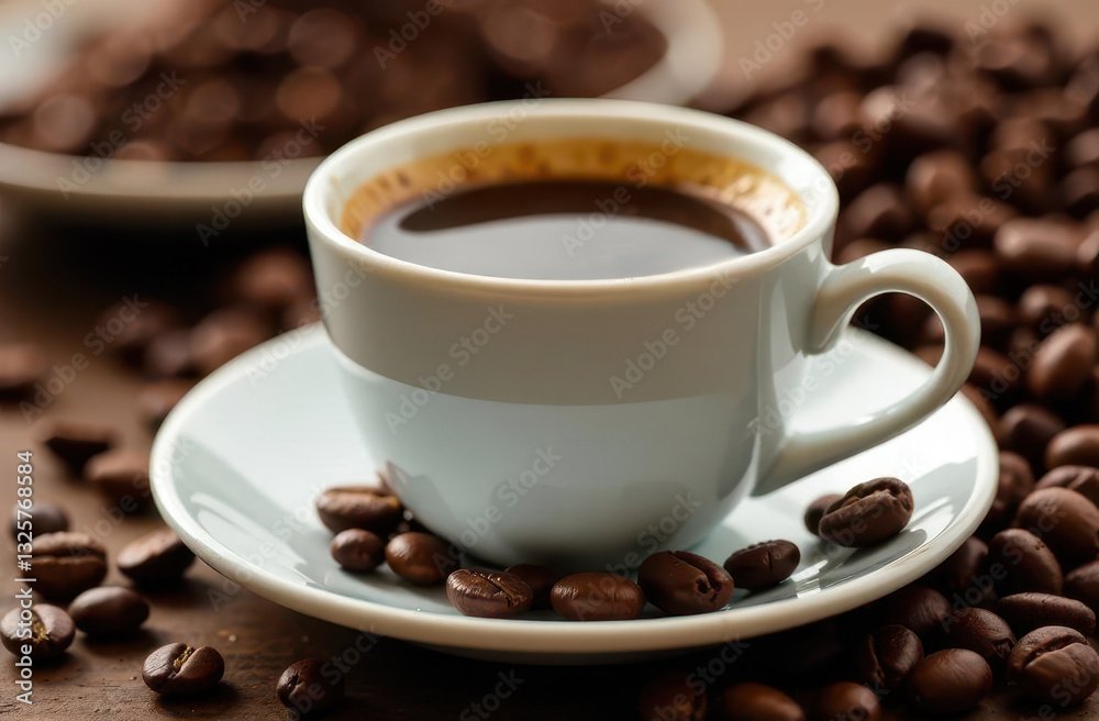 Enjoying a perfect cup of coffee with fresh beans on a wooden table Enjoying a perfect cup of coffee with fresh beans on a wooden table