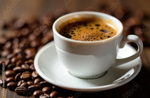 Freshly brewed espresso served in a white cup surrounded by coffee beans