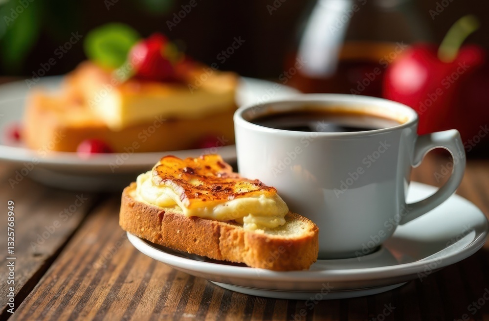 Delicious coffee with toast and fruit on a rustic wooden table Delicious coffee with toast and fruit on a rustic wooden table