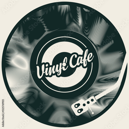 Vector menu or banner for music cafe with old vinyl record, gramophone with inscription vinyl cafe on light background in vintage style. Music collection