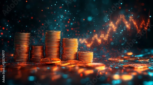 A vibrant financial graph showcasing exponential growth, a glowing logarithmic curve with coins aligned along the trajectory, dynamic lighting reflecting on the golden stacks,