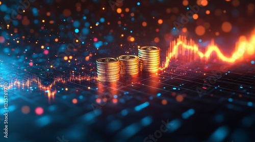 A vibrant financial graph showcasing exponential growth, a glowing logarithmic curve with coins aligned along the trajectory, dynamic lighting reflecting on the golden stacks,