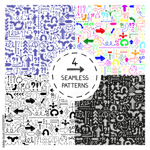 Set of 4 seamless patterns with doodle arrows. Design elements for printables, wallpaper, corporate identity, web site wallpapers, fabric print. Vector illustration.