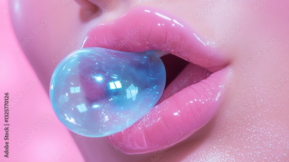 Fototapeta premium Young woman blowing pink bubble gum in studio background,teenage girl,Tasty chewing gums,bubblegum,chewing dragees and bubblegum stripe flat illustration.