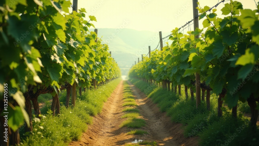 Fototapeta premium Rows of grapevines stretch into the distance, creating a lush, green vineyard under a warm, golden light.