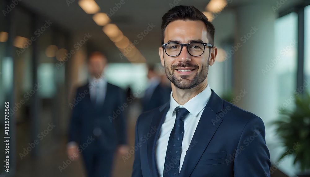 Confident Business Leader: A sharp, professional man in a well-tailored suit and glasses exudes confidence and approachability in a modern office environment. Confident Business Leader: A sharp, professional man in a well-tailored suit and glasses exudes confidence and approachability in a modern office environment.